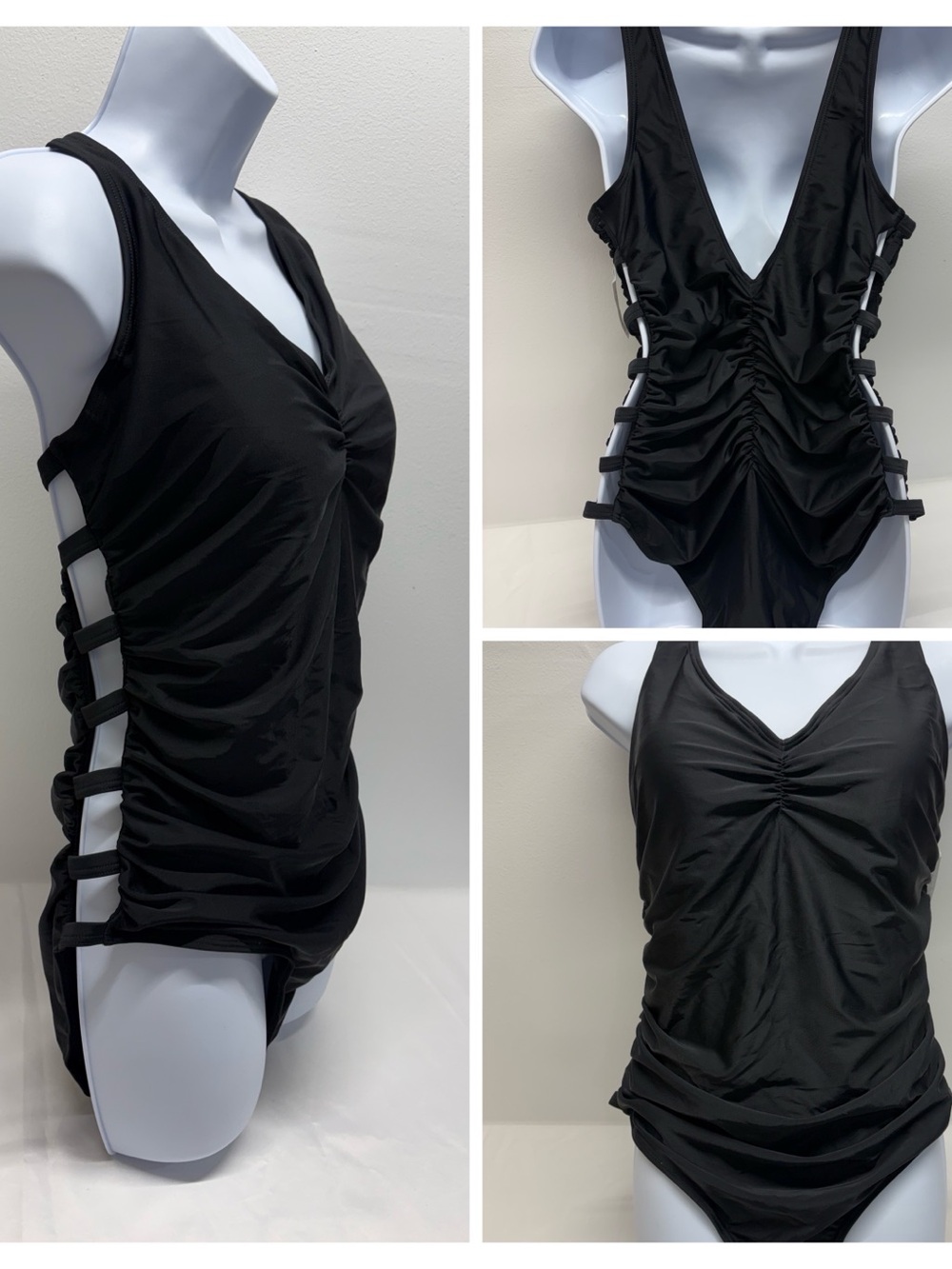 Women's Ruched V-Neck One-Piece Swimsuit size X-Large Black open strap sides new